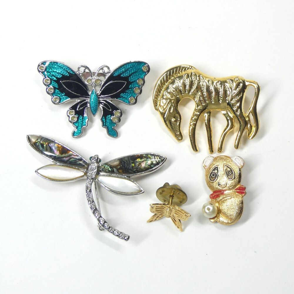 Vintage Brooches Lot Butterfly Dragonfly Panda Bear Zebra Pin Enamel Rhinestone